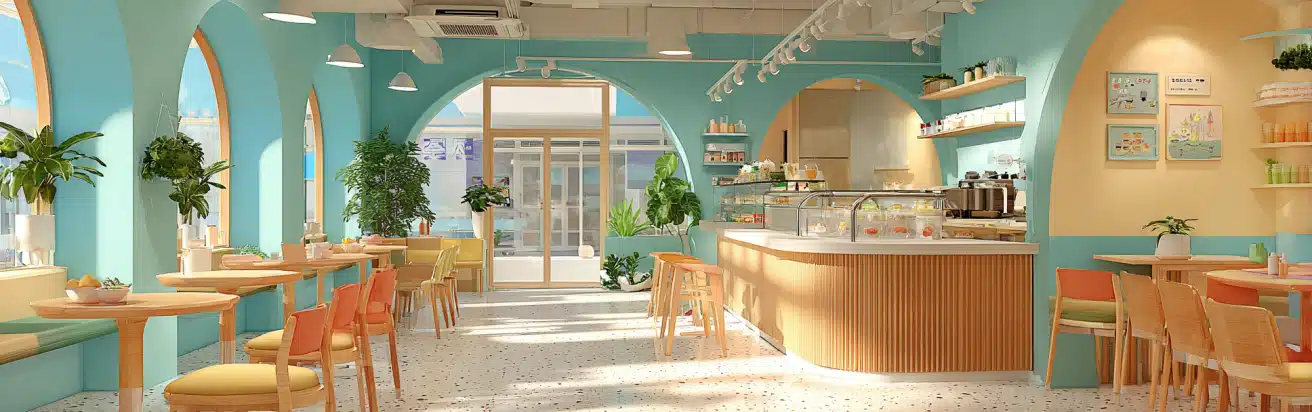 This photorealistic rendering showcases a cheerful and elegant Korean bubble tea café, an excellent example of our unique approach to interior design for commercial Buena Park spaces.