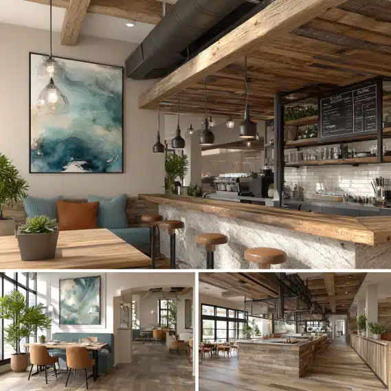 A modern restaurant interior design concept with an open dining area and a stylish bar counter.