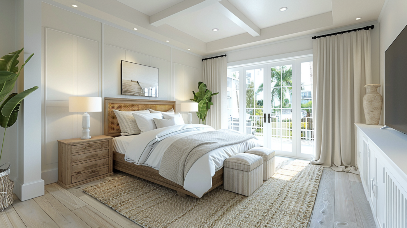 Photorealistic rendering of a small, elegant 2-bedroom designing custom home with a white/gray exterior