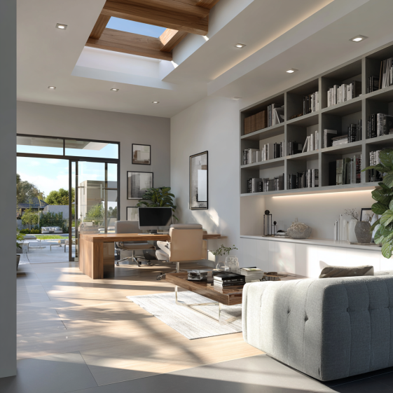 Custom home exterior in Irvine, California, showing natural textures, an outdoor lounge, and large glass walls by an architectural firm.