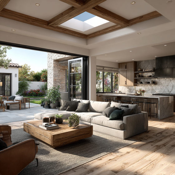 Photorealistic rendering of an Irvine custom home: open-floor living, large sliding glass doors, stone accent wall, and wood floors.
