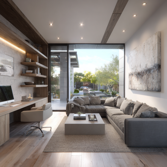 High-end, custom-designed living space in Irvine, emphasizing soft lighting, natural materials, and custom furniture from a top architect.