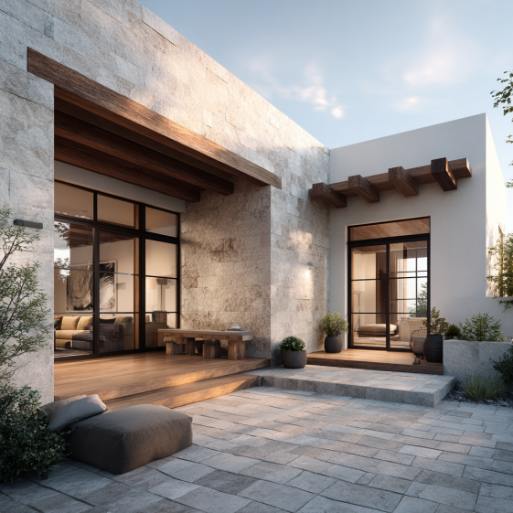 Close-up of the elegant, understated exterior details of an Irvine custom home, focusing on the textured stone and wood materiality.