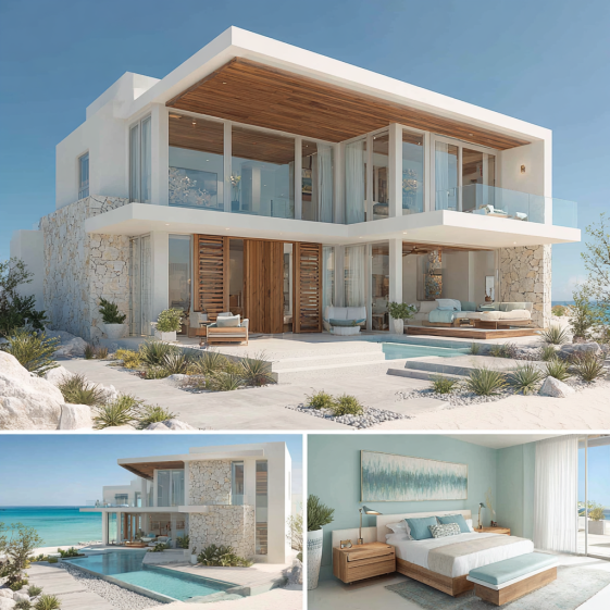 Architecturally significant exterior of a coastal contemporary custom homes design in San Clemente with natural wood and curved details.