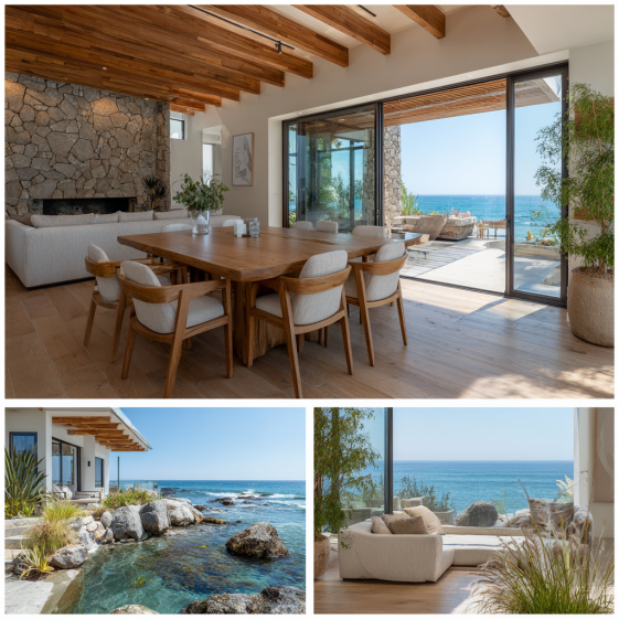 Exterior view of a contemporary custom homes design in Coto de Caza on a bluff, showcasing steel frames and large glass walls overlooking the ocean.