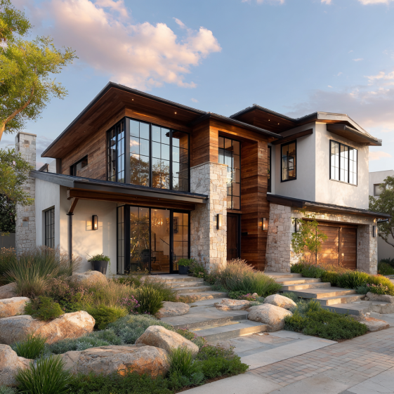 Detail of the entrance and natural stone walkway of a contemporary custom homes design in Coto de Caza with warm wood finishes.