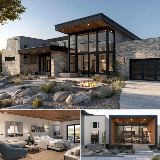 Detailed photo of the contemporary exterior, showing natural stone, black accents, and a modern outdoor fire pit in a custom homes design in San Clemente.