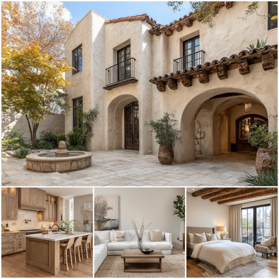 Contemporary Mediterranean exterior of a custom home design in Beverly Hills with arched doors and terracotta roof.