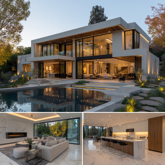 Striking glass-and-concrete facade of ultra-luxury Custom Home Design in Beverly Hills with floating rooflines and sunset lighting.