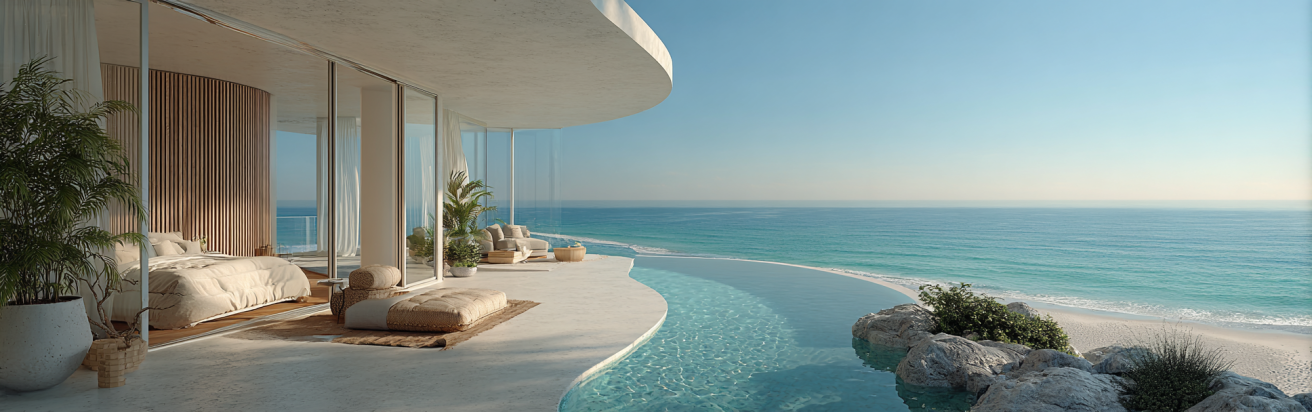 Close-up of the infinity-edge pool, emphasizing the blend with the Pacific Ocean horizon, integral to this custom homes design in San Clemente.