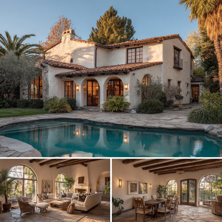 Professional architectural photography of a luxurious Mediterranean custom homes design in Villa Park at golden hour.