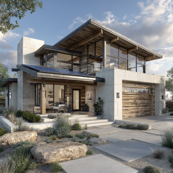 Photorealistic rendering of an eco-friendly custom home in Irvine, CA, showcasing solar panels and reclaimed wood siding.