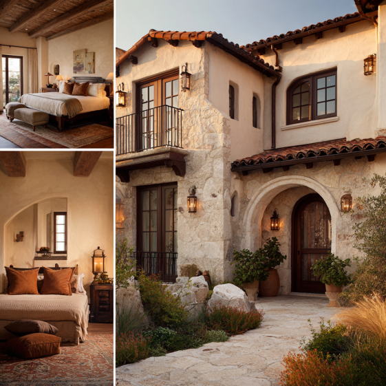 Interior shot of an elegant Spanish-style bedroom within a custom homes design in San Clemente, showing beams and a private terrace arch.