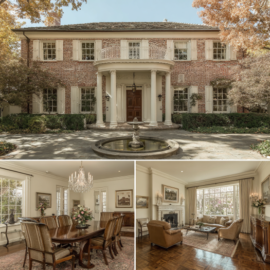 Interior view of a formal dining room visible through the windows, showcasing mahogany paneling and a crystal chandelier in a custom homes design in Villa Park.
