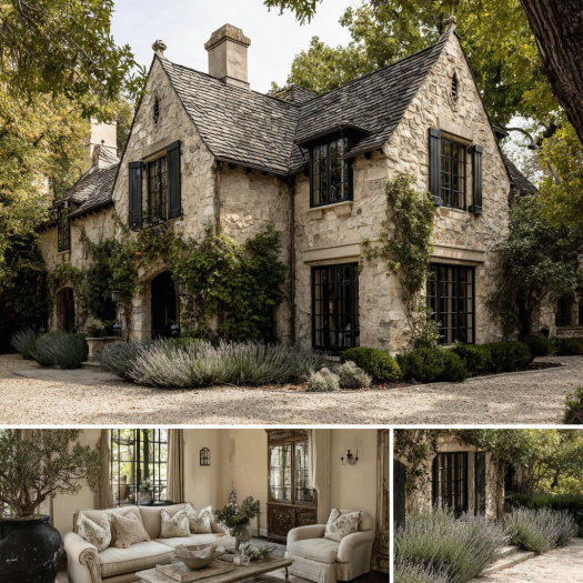 Interior view of a grand yet cozy living room with rustic timber beams, fireplace, and soft furniture, showcasing custom homes design in Yorba Linda.