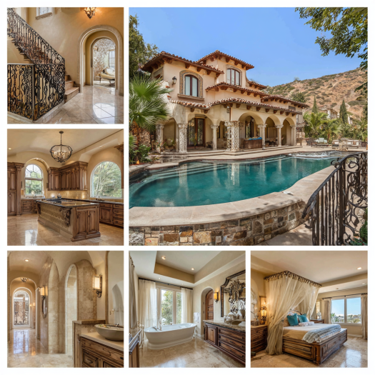 Interior photo of a spacious foyer featuring polished travertine floors, arched windows, and an ornate staircase within a custom homes design in Yorba Linda.