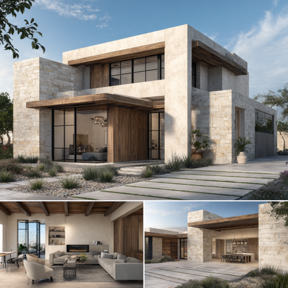 Interior view of a luxury Irvine home showing wood beams, natural stone floors, soft furnishings, and high-end, simple design.