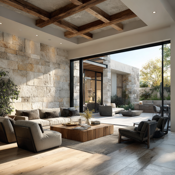 Modern custom home in Irvine, CA, showing the living area with a cozy feel, warm wood floors, and large glass doors opening to a garden.