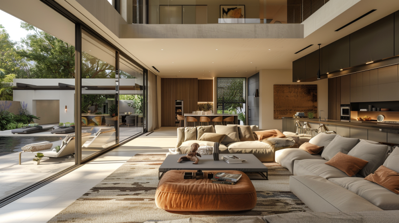 Photorealistic rendering of an Irvine custom home: large windows, indoor garden, natural stone, and wood textures by an experienced architect.