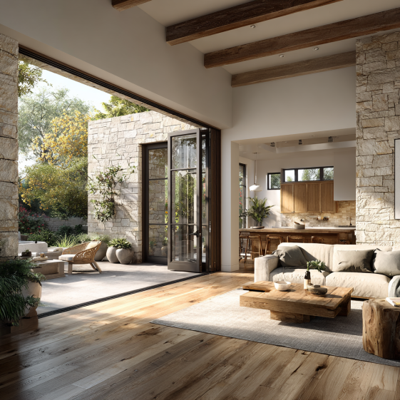 High-quality architectural rendering of an Irvine luxury interior featuring a stone accent wall, warm textures, and modern furnishings.