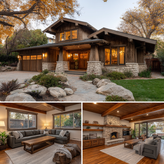 Interior view of a cozy living room in a custom homes design in Villa Park, showing timber beams, stone fireplace, and built-in shelving.