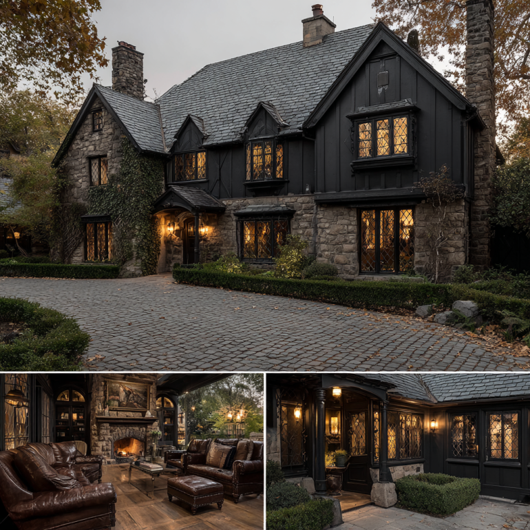 Exterior view of a grand French Tudor manor, emphasizing the high-end custom homes design in Villa Park at twilight.