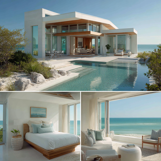 Serene ocean-view bedroom interior showcasing the soft palette and organic textures of a custom homes design in San Clemente.