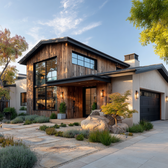 Front view of a modest-sized, clean-lined custom homes design in Coto de Caza with minimalist landscaping and soft lighting.