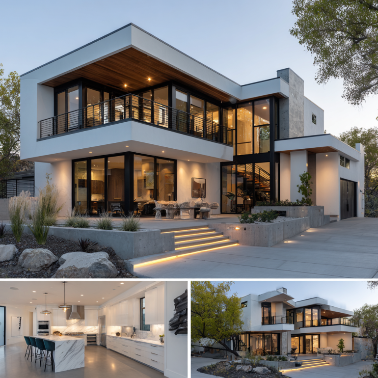 Interior view of a minimalist, ultra-open floor plan in a custom homes design in Yorba Linda with polished concrete and floating stairs.