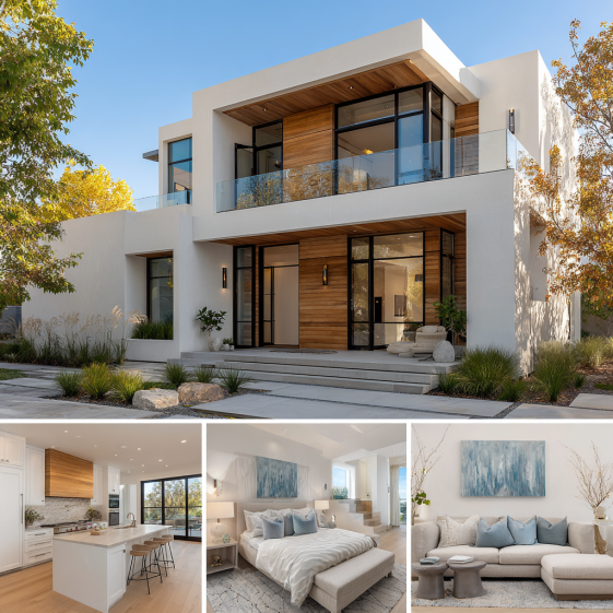 Minimalist Japandi living room interior with light wood floors and soft beige furniture in a Custom Home Design in Beverly Hills.