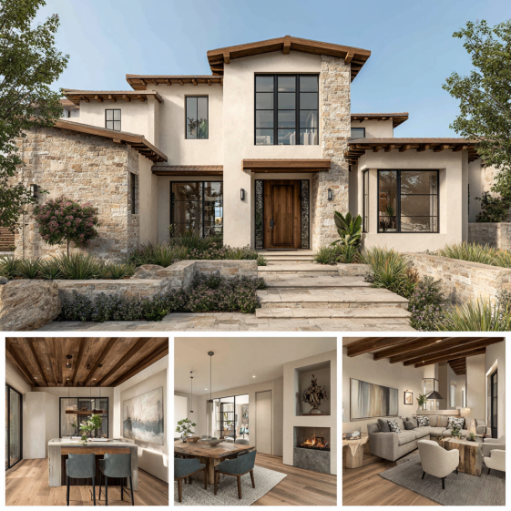 Photorealistic rendering of a luxury Irvine custom home with minimalist exterior, textured stone façade, and warm wood accents.