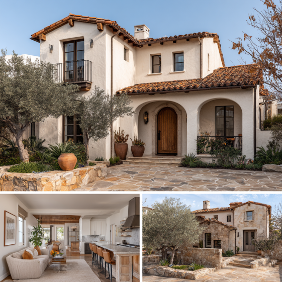 Interior view of a custom homes design in Coto de Caza showing biophilic design, wood-beam ceilings, and natural stone floors.