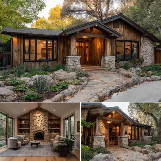 Exterior view of a Modern Craftsman custom homes design in Villa Park, California, at golden hour with stone and natural wood siding.