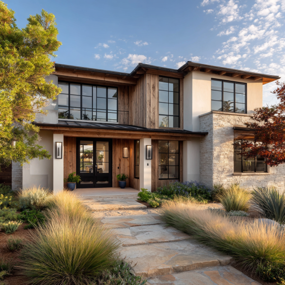 Photorealistic exterior of a modern custom homes design in Coto de Caza with clean lines and black steel windows.