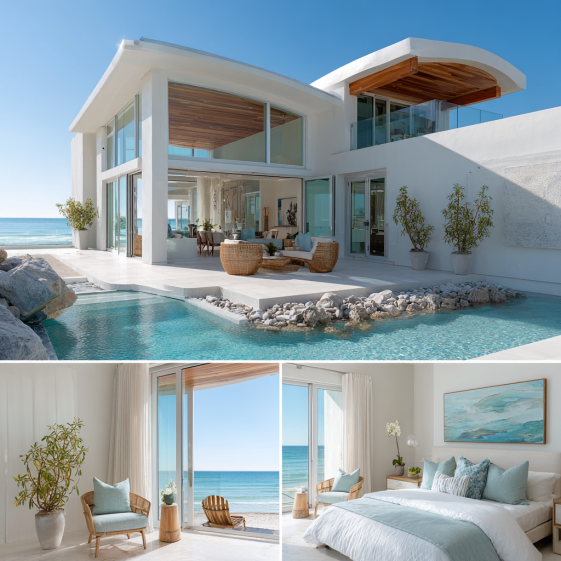 Ultra-photorealistic exterior view of a modern coastal custom homes design in San Clemente with glass walls and an infinity pool.