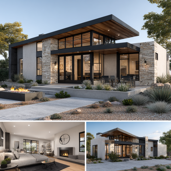 Photorealistic exterior view of a modern equestrian custom homes design in San Clemente with a flat roof and large windows.