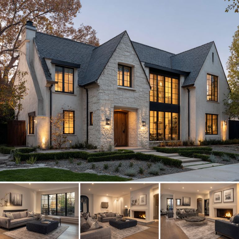 Professional architectural photo of a luxurious Modern French Tudor custom homes design in Villa Park exterior at golden hour.