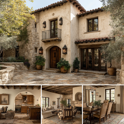 Open living room of a modern custom homes design in Yorba Linda, featuring heavy wooden beams and arched windows with natural light.