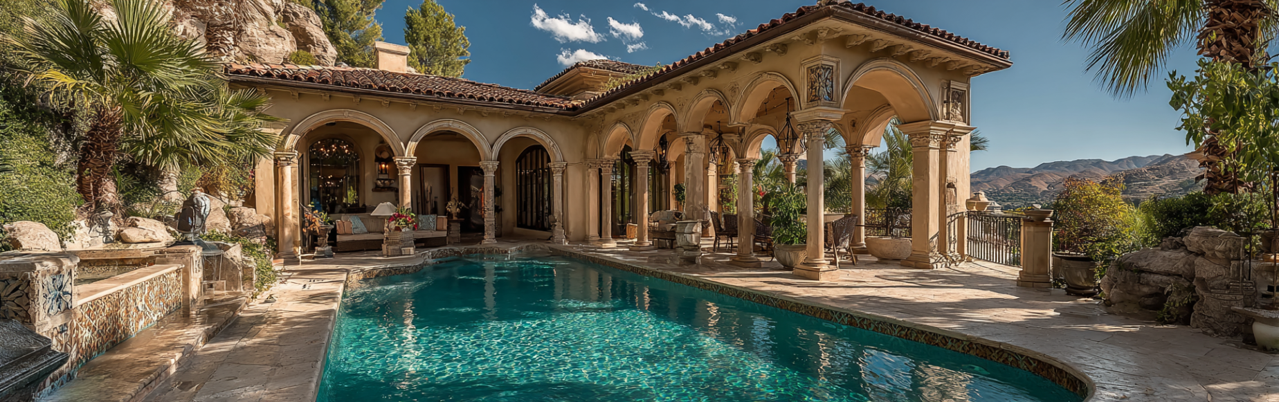 custom homes design in Yorba Linda with honey-colored stucco and an infinity pool overlooking a canyon.