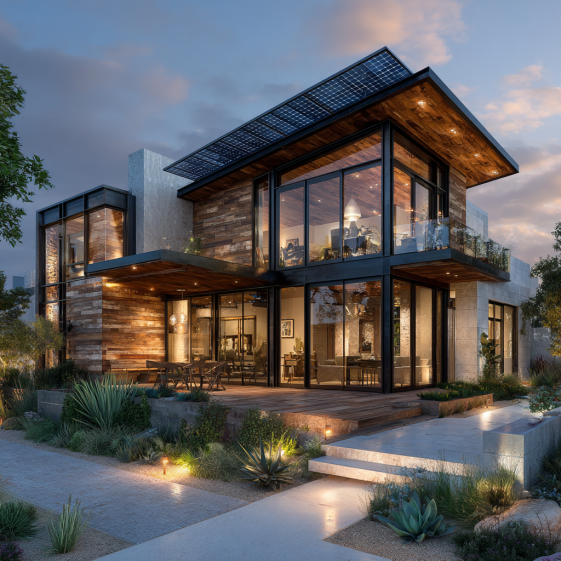 Close-up of the reclaimed wood siding and drought-resistant landscaping on a custom home in Irvine, CA.