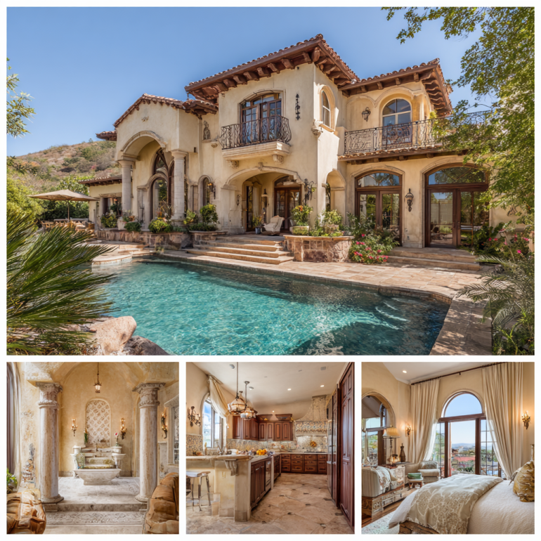 Luxurious infinity pool and grand loggia area, defining the resort-style exterior of this high-end custom homes design in Yorba Linda.