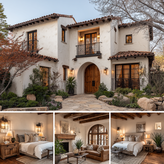 Exterior view of a Spanish Mediterranean style custom homes design in San Clemente facing a lush golf course green.