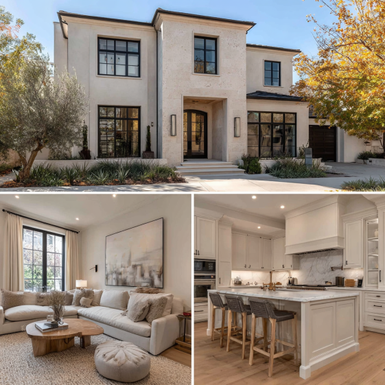 Collage image showing the exterior and two interior views (living room and kitchen) of the luxurious Custom Home Design in Brentwood.