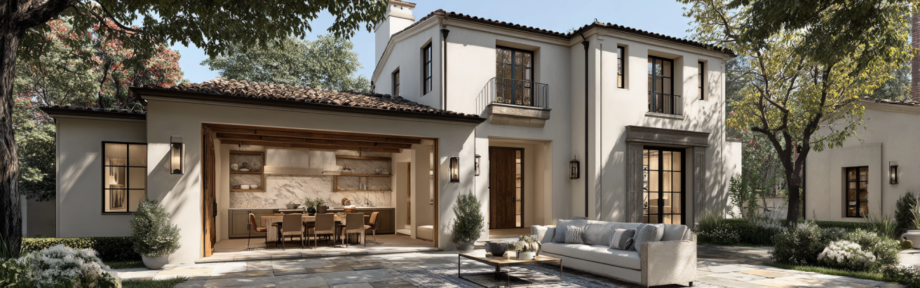 Photorealistic rendering of a classic stucco exterior for a Custom Home Design in san marino with a tiled roof.