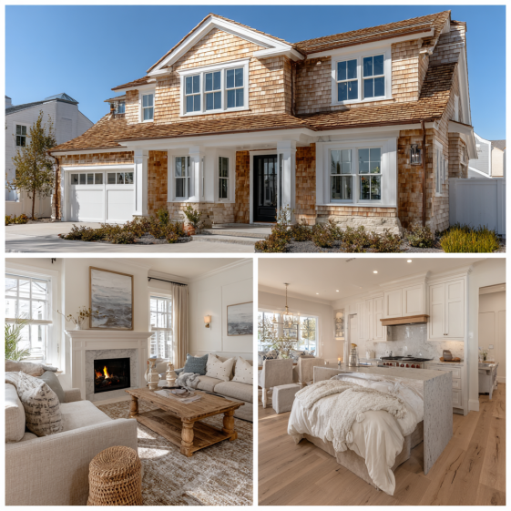 Modern Cape Cod style house with wood-shingle exterior and symmetrical windows in a Custom Home Design in Manhattan Beach.