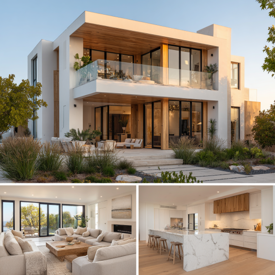Exterior view of a Coastal Modern Custom Home Design in Pacific Palisades with white volumes, wood, and large glass walls.