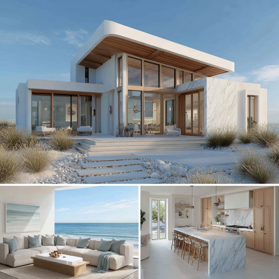 Exterior view of a contemporary coastal Custom Home Design in Malibu with white architecture and ocean-facing glass.