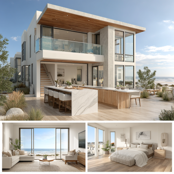 Ultra-realistic contemporary coastal home on The Strand with glass railings and warm wood accents.