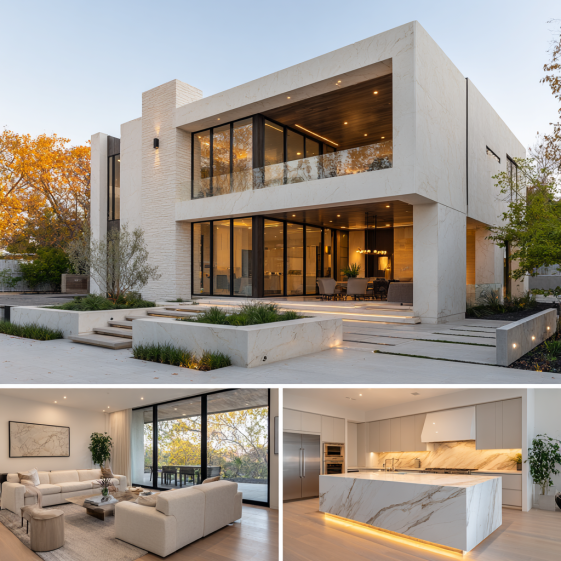 Ultra-realistic exterior view of a modern Custom Home Design in Pacific Palisades with glass walls and cantilevered terraces.