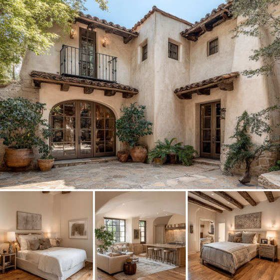 Stunning exterior of a Contemporary Mediterranean Custom Home Design in Bel Air with terracotta roof and smooth stucco walls.
